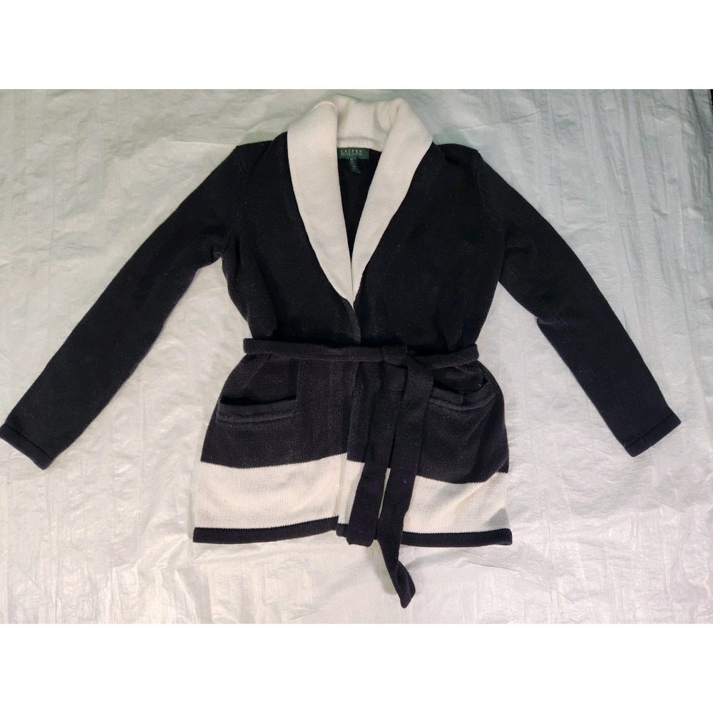 Lauren Ralph Lauren Sweater Small Petite Cotton Cardigan Open Belt Black White S